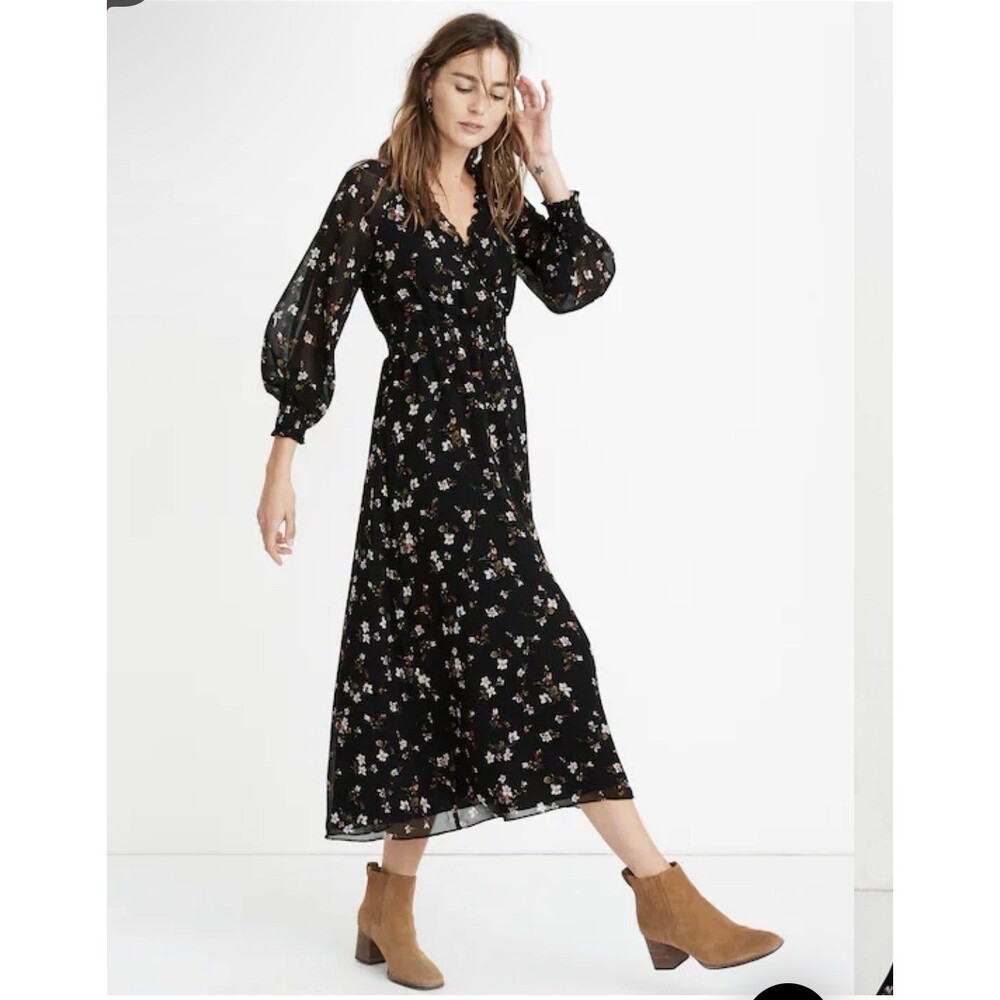 Madewell Black Floral Georgette Smocked Midi Dress Size XXL Whimsigoth Boho